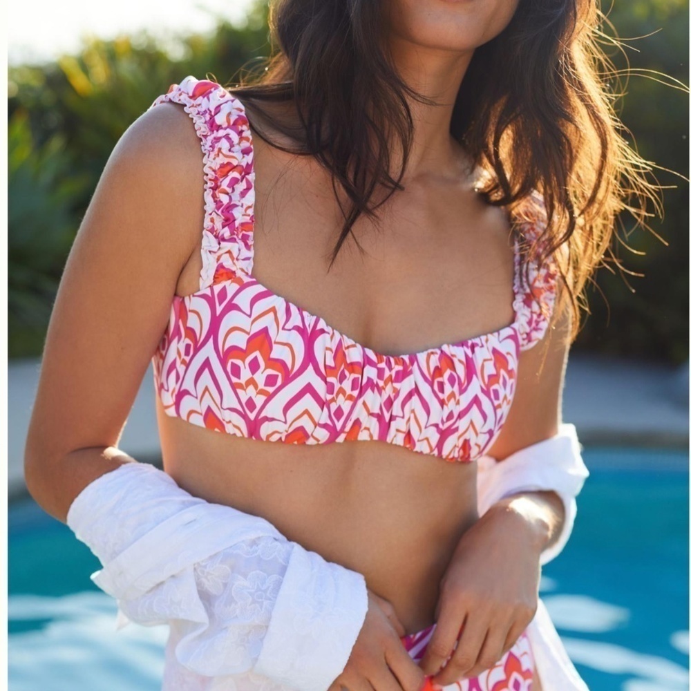 NWOT Anthropologie Maeve Abstract Pink Orange & White Bikini Top Sz S